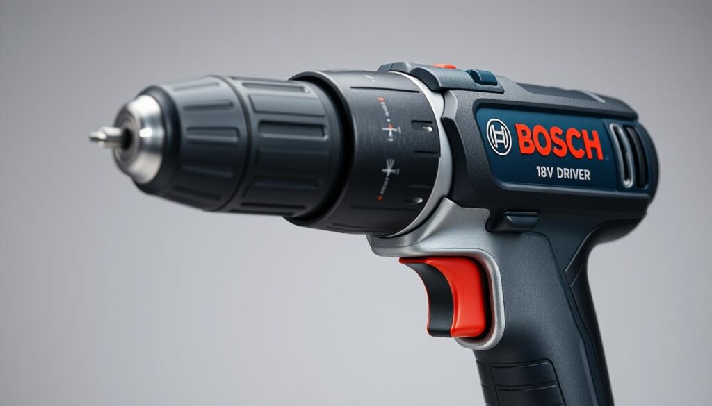 A Bosch 18V cordless drill driver in a well-lit, close-up studio shot, showcasing its sleek black and silver metal body, ergonomic grip, and powerful 18-volt motor. The drill's chuck and trigger are in sharp focus, conveying the precision and control of its driving performance. The background is a neutral grey, allowing the drill's features to stand out. The image captures the tool's professional-grade quality and robust construction, perfectly suited for a variety of home improvement and DIY projects.
