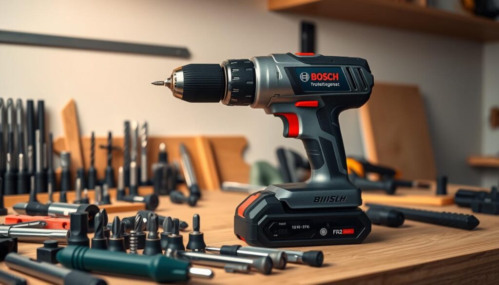 A Bosch cordless drill, its metallic body gleaming under a soft, warm light. The drill is nestled on a clean, wooden workbench, surrounded by a well-organized array of drill bits, screwdriver heads, and other accessories. The background is a minimalist, modern workshop space, with clean lines and a neutral color palette that complements the tool's sleek design. The overall scene conveys a sense of quality, precision, and value, reflecting the reliable performance and versatility of the Bosch drill.