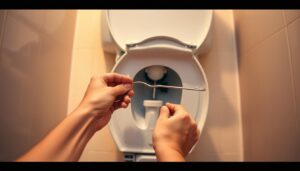 A bathroom interior with a partially disassembled toilet, its tank lid removed, and the user's hands reaching in to clear a clogged pipe. The scene is lit by warm, overhead lighting, casting soft shadows that highlight the textural details of the ceramic and metal components. The foreground shows the user's hands carefully maneuvering a wire coat hanger or other improvised tool, while the middle ground focuses on the exposed inner workings of the toilet. The background blurs into a neutral, clean tiled wall, emphasizing the central action. The overall mood is one of focused problem-solving, with a sense of determination to restore the toilet's proper functioning without the aid of a plunger.