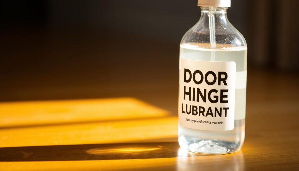 A bottle of clear, viscous lubricant sits on a wooden surface, its label prominently displaying the words "Door Hinge Lubricant". The bottle is illuminated by warm, natural lighting, casting a soft glow on the surrounding area. The background is blurred, creating a focus on the bottle and its contents. The image conveys a sense of practicality and functionality, capturing the essence of the product's intended use for maintaining and quieting squeaky door hinges.