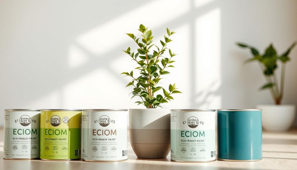 A bright, airy interior space filled with natural light. In the foreground, an array of eco-friendly paint cans in various shades of green, blue, and earth tones, their labels emphasizing their non-toxic, low-VOC, and sustainable composition. The middle ground showcases a lush, verdant plant growing in a minimalist ceramic pot, symbolizing the connection between eco-friendly paint and a healthy, vibrant living environment. The background features a soothing, neutral-toned wall, highlighting the calming, natural aesthetic of the eco-friendly paint palette. The scene is captured with a soft, diffused lighting, creating a sense of warmth and tranquility, inviting the viewer to imagine the positive impact of these sustainable paint choices on both the home and the environment.
