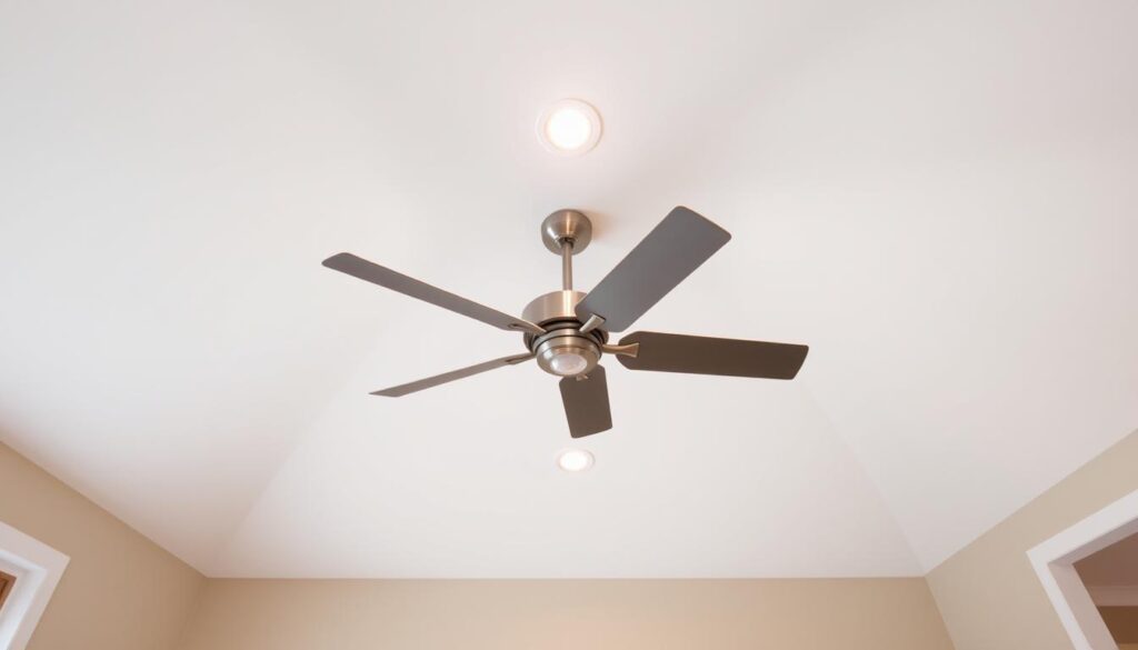 A bright, well-lit interior space with a high ceiling. In the center, a modern, brushed nickel ceiling fan with five blades is installed, its graceful silhouette commanding attention. The fan is surrounded by a recessed lighting fixture, casting a warm, ambient glow throughout the room. The walls are painted a neutral, calming color, complementing the sleek, minimalist design of the fan. The floor is covered in a plush, neutral-toned carpet, adding a touch of coziness. The overall scene conveys a sense of tranquility and sophistication, perfectly suited for the "Choosing the Right Location for Your Ceiling Fan" section of the article.
