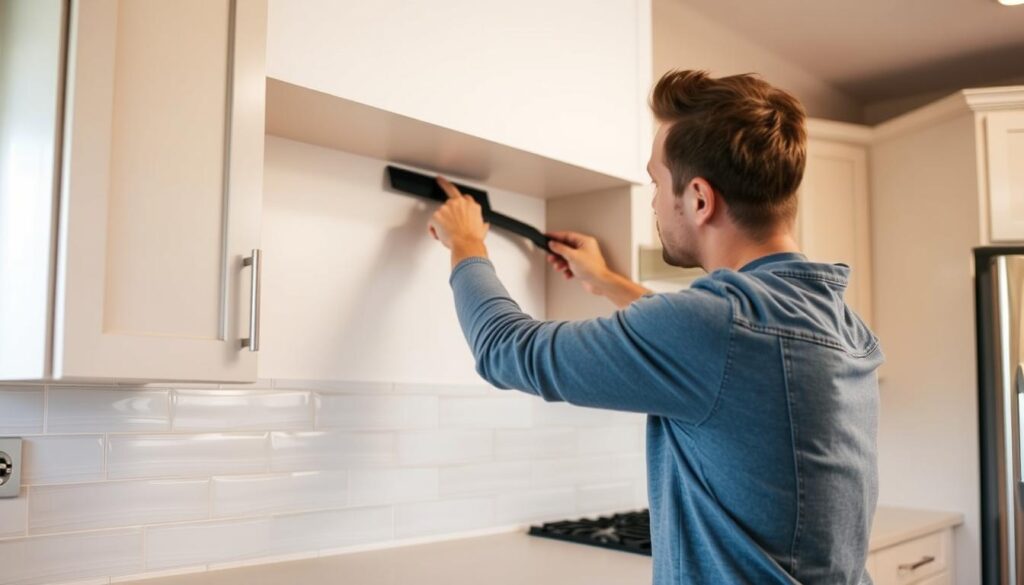 A bright, well-lit kitchen interior with a homeowner carefully applying a peel-and-stick backsplash tile to the wall above the countertop. The tiles have a modern, minimalist design with a matte finish. The homeowner is using a squeegee to smooth the tile and remove any air bubbles, ensuring a seamless installation. The kitchen has neutral-toned cabinets and stainless steel appliances, creating a clean and contemporary look. The scene conveys a sense of focus and attention to detail as the homeowner navigates the installation process, illustrating the potential challenges and solutions involved in this DIY project.