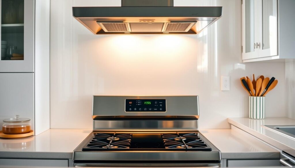 A bright, well-lit kitchen showcasing the benefits of a peel-and-stick backsplash. In the foreground, a smooth, seamless backsplash in a sleek, modern design covers the wall behind the stove. The backsplash appears easy to install, with no messy grouting or complicated adhesives. In the middle ground, appliances and countertops reflect the backsplash's glossy finish, creating a cohesive, visually appealing space. The background features an abundance of natural light, casting a warm, inviting glow and highlighting the backsplash's low-maintenance and versatile nature. The scene conveys the efficiency, style, and hassle-free installation of a peel-and-stick backsplash solution for a kitchen renovation.