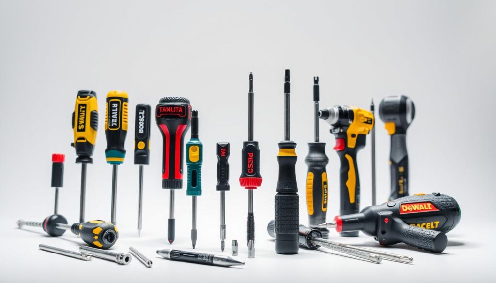 A brightly lit display of top screwdriver brands prominently featured in the UK market. In the foreground, a diverse array of screwdrivers from leading manufacturers like Stanley, Makita, Bosch, and DeWalt, each showcasing their distinct design and functionality. The middle ground highlights the ergonomic handles, precision tips, and durable construction of these tools. In the background, a clean, minimalist setting with a crisp white backdrop, allowing the screwdrivers to take center stage. The overall composition conveys a sense of quality, professionalism, and the wide range of options available to discerning UK consumers.