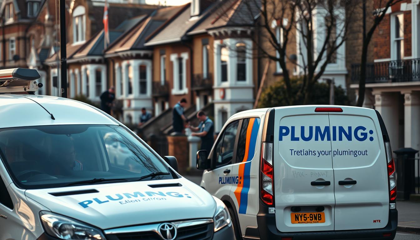 A bustling London street scene, with the focus on a well-equipped plumbing van parked prominently in the foreground. The van features the company's branding and signage, conveying a sense of professionalism and reliability. In the middle ground, uniformed plumbers are shown diligently working on a residential property, their tools and equipment visible. The background captures the iconic architecture of London, with Georgian townhouses and the occasional church spire peeking through. The lighting is warm and natural, casting a welcoming glow over the scene. The overall atmosphere exudes a sense of trustworthiness, competence, and the reliable service that a top-rated plumber in London would provide.