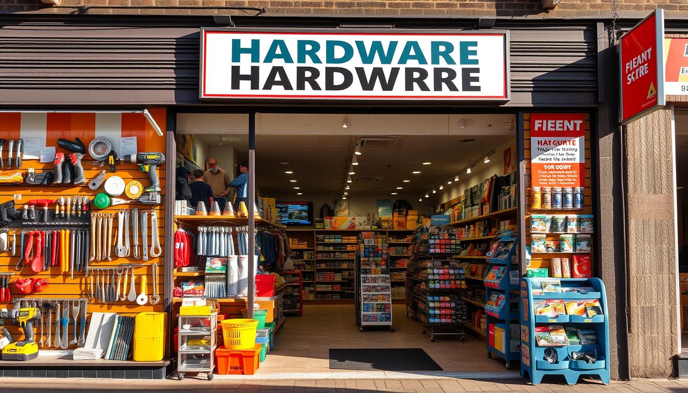 A bustling hardware store nestled in the heart of Glasgow, its exterior adorned with a prominent sign and vibrant window displays showcasing an array of tools, DIY supplies, and home improvement essentials. The storefront is bathed in warm, natural lighting, creating an inviting atmosphere that beckons passersby to step inside. The interior is spacious and well-organized, with neatly arranged shelves and displays that cater to the diverse needs of local homeowners and DIY enthusiasts. The scene conveys a sense of practicality and reliability, reflecting the store's role as a one-stop-shop for all your home improvement needs in the Glasgow area.