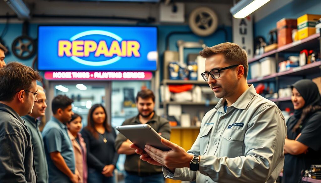 A bustling local repair shop, its facade adorned with vibrant signage and a modern logo, stands as the focal point. In the foreground, a social media-savvy technician, clad in a clean uniform, enthusiastically shares insights and tutorials on a tablet, engaging with an audience of local customers. Behind them, shelves brimming with tools and spare parts create a sense of expertise and reliability. The lighting is warm and inviting, casting a soft glow over the scene, conveying a welcoming atmosphere for the community. The overall composition suggests a harmonious blend of traditional craftsmanship and digital-age marketing, perfectly capturing the essence of effective social media strategies for local repair services.