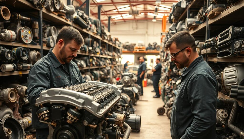 A bustling recycled parts marketplace unfolds, showcasing an array of meticulously curated automotive components. In the foreground, a mechanic examines a glistening engine block, evaluating its quality and suitability for a customer's project. Surrounding them, shelves brimming with reconditioned transmissions, suspension parts, and electrical systems catch the eye, their pristine condition a testament to the rigorous inspection process. Soft, natural light filters in, illuminating the scene and casting warm shadows that accentuate the textures of the parts. In the background, a team of technicians work diligently, their focused expressions reflecting the care they take in refurbishing each piece to trade-quality standards. An atmosphere of discovery and opportunity permeates the space, inviting visitors to explore the possibilities of sourcing high-quality, cost-effective components for their automotive needs.
