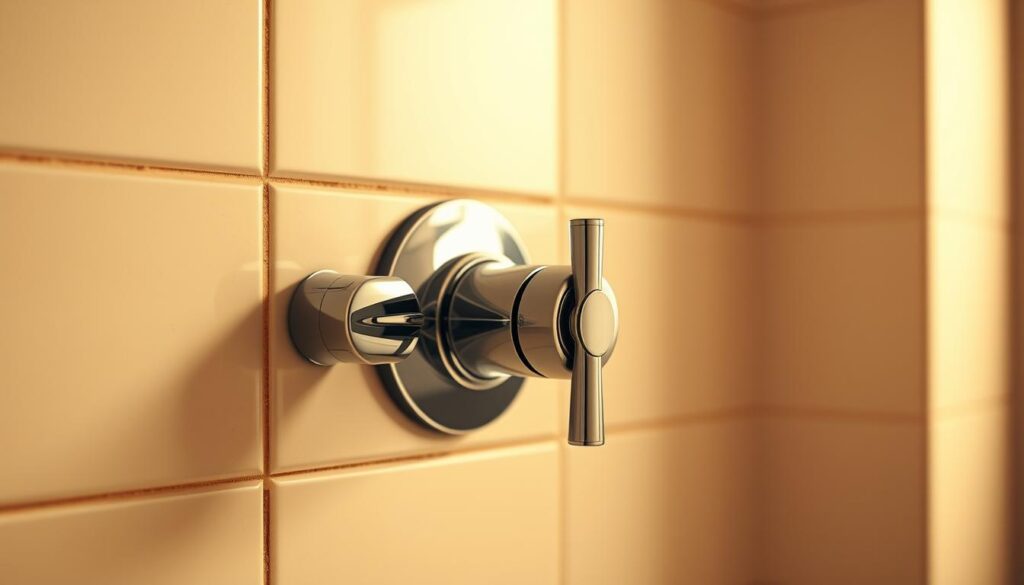 A chrome-plated shower diverter valve mounted on a tiled bathroom wall, with a classic lever control handle. The valve is centered in the frame, with a clean, minimalist design that blends seamlessly with the surroundings. Warm, diffused lighting illuminates the scene, casting soft shadows and highlights on the polished metal surface. The valve is depicted from a slightly angled, eye-level perspective, showcasing its functional yet stylish appearance. The overall mood is one of modern, high-quality bathroom fixtures that are both practical and aesthetically pleasing.