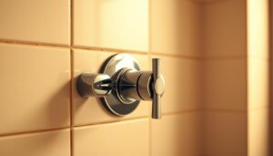 A chrome-plated shower diverter valve mounted on a tiled bathroom wall, with a classic lever control handle. The valve is centered in the frame, with a clean, minimalist design that blends seamlessly with the surroundings. Warm, diffused lighting illuminates the scene, casting soft shadows and highlights on the polished metal surface. The valve is depicted from a slightly angled, eye-level perspective, showcasing its functional yet stylish appearance. The overall mood is one of modern, high-quality bathroom fixtures that are both practical and aesthetically pleasing.