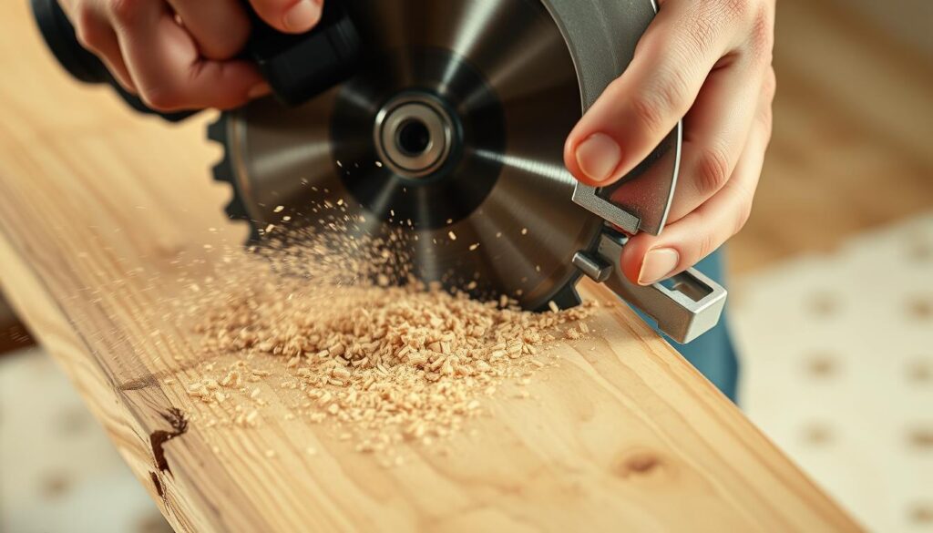 A circular saw cutting through a wooden plank, the blade teeth biting into the grain, creating a shower of fine wood chips. The saw is held firmly, with the user's hands visible, applying steady pressure as the tool carves its path. Soft, diffused lighting from overhead highlights the wood's natural texture and the saw's metallic sheen. The scene is framed from a slightly low angle, emphasizing the power and precision of the tool in action. The background is blurred, keeping the focus on the cutting process and the user's hands guiding the saw.
