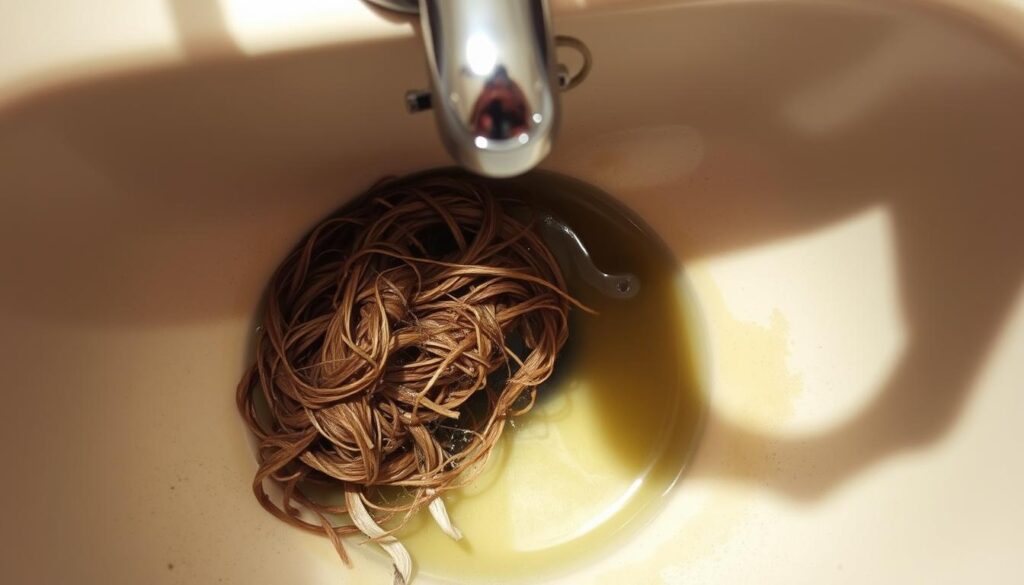 A clogged sink drain, filled with a tangle of hair and gunk, obstructing the flow of water. The basin is partially filled, reflecting the dull, dingy surroundings. Bright, overhead lighting casts sharp shadows, highlighting the built-up debris. The faucet and chrome fixtures gleam, contrasting the murky water and discolored basin. A sense of frustration and inconvenience permeates the scene, signaling the need for immediate attention and unclogging.