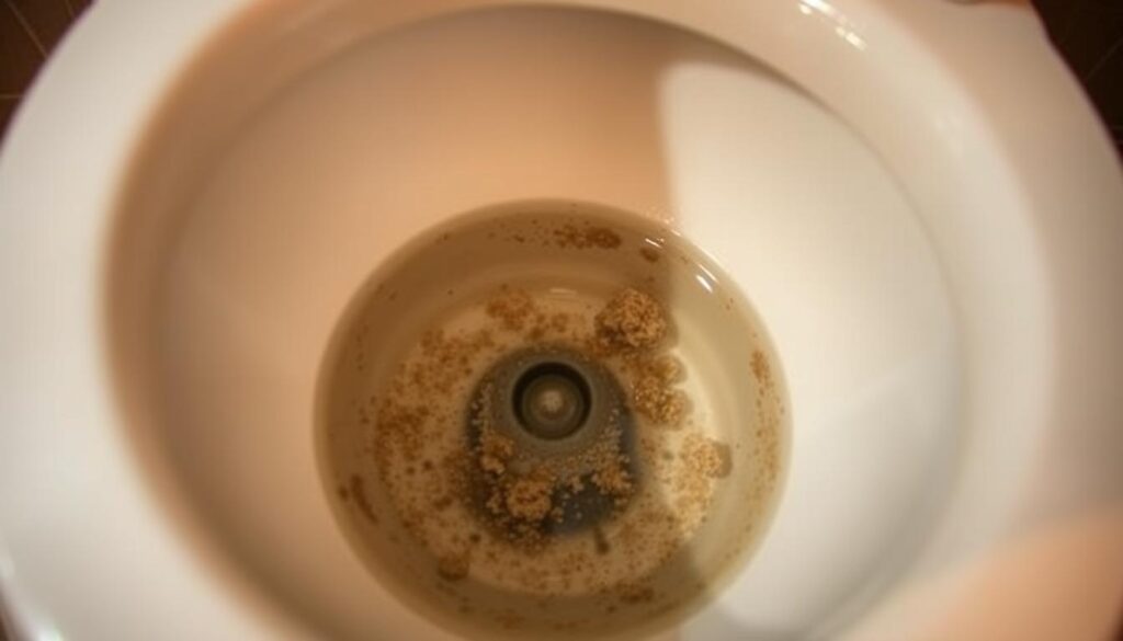 A clogged toilet, its water level rising, the bowl filled with an unsightly mess. The scene is lit by a warm, diffused light, casting subtle shadows that accentuate the texture of the porcelain and the grime within. The camera angle is slightly low, emphasizing the imposing, problematic nature of the blockage. The overall mood is one of frustration and the need for a solution, setting the stage for the article's focus on clearing a clogged toilet without a plunger.