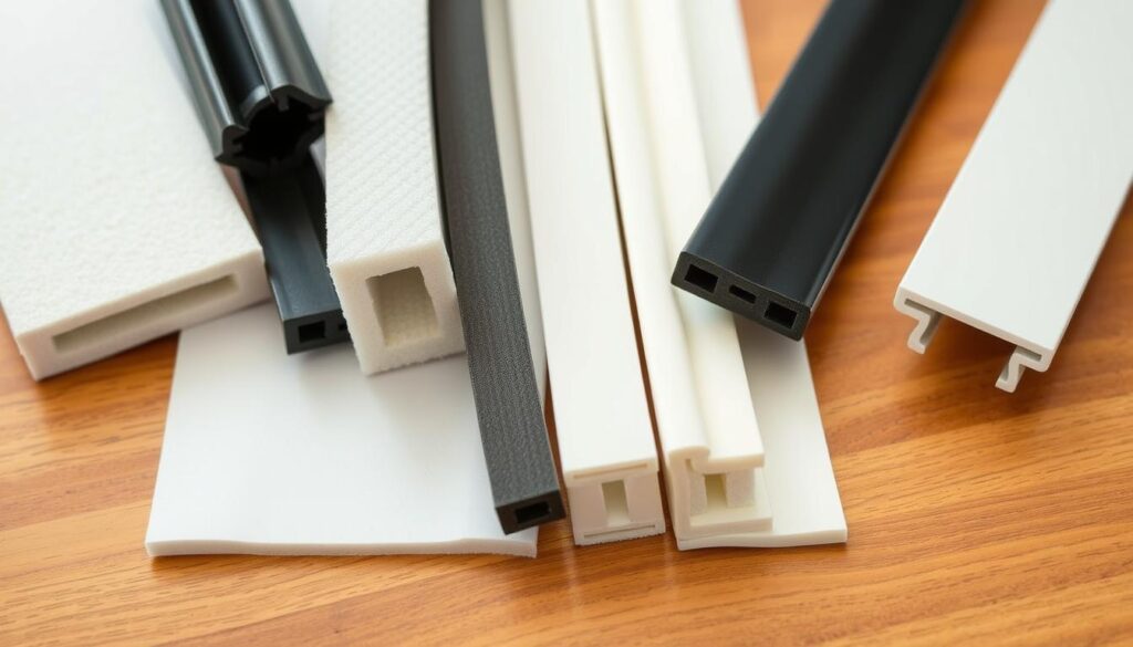A close-up, high-resolution image of various types of weatherstripping materials, including foam, rubber, and vinyl strips, arranged neatly on a clean, well-lit wooden surface. The materials are shown in detail, with their textures, colors, and cross-sections clearly visible, to illustrate their key features and applications for different door and window types. The lighting is soft and even, creating a clean, professional, and informative atmosphere, suitable for an educational article on weatherstripping replacement.