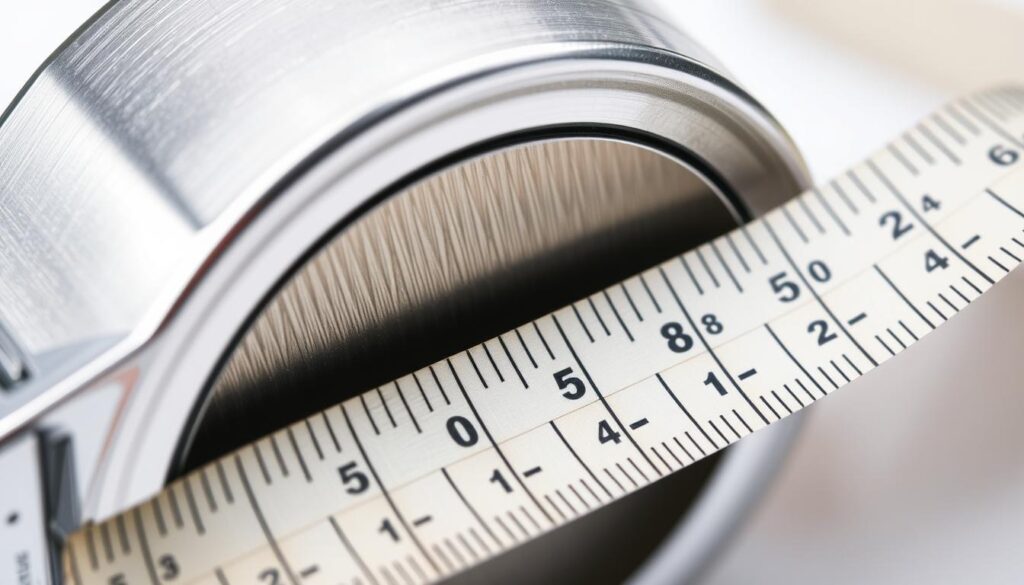 A close-up of a high-quality metal tape measure, its silver surface gleaming under bright studio lighting. The housing is made of sturdy steel, with clearly marked imperial and metric measurement scales. The tape itself is rigid yet flexible, with distinct markings delineating fractional measurements in 1/16th, 1/8th, and 1/4th inch increments. The tape is partially extended, revealing the intricate engraved and painted numerical and tick marks that enable precise reading of fractions. The overall composition emphasizes the tape measure's functionality and technical precision, creating a sense of practical utility for the step-by-step guide on reading tape measure fractions.