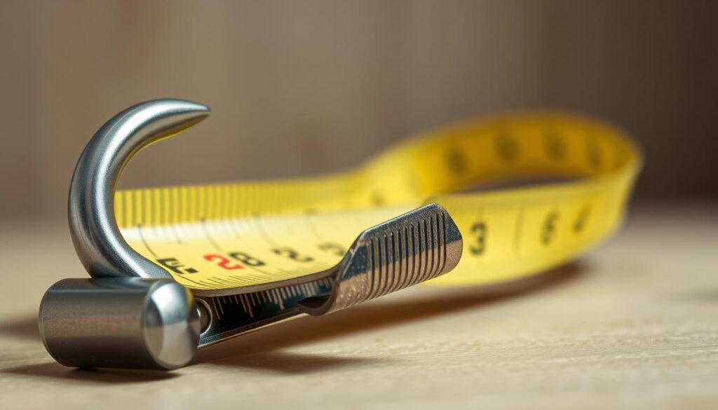 A close-up photograph of a classic tape measure hook, its metal teeth gleaming under soft, diffused lighting. The hook is positioned in the foreground, its curved shape and grooved texture capturing the attention. In the middle ground, the tape measure body stretches out, its markings and increments clearly visible, inviting the viewer to imagine the practical applications of this essential measuring tool. The background is blurred, emphasizing the focus on the hook and its role in the tape measure's functionality. The overall scene conveys a sense of precision, utility, and the importance of accurate measurement in everyday tasks.