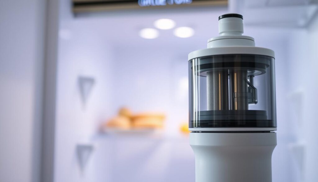 A close-up photograph of a modern refrigerator water filter, backlit and illuminated with soft, natural lighting. The filter is prominently displayed in the foreground, its intricate components and sleek design visible in exquisite detail. In the middle ground, the refrigerator interior is subtly out of focus, hinting at the filter's crucial role in providing clean, filtered water. The background is a minimalist, neutral-toned setting, allowing the water filter to be the central focus of the image, conveying its importance and the care required for proper maintenance.