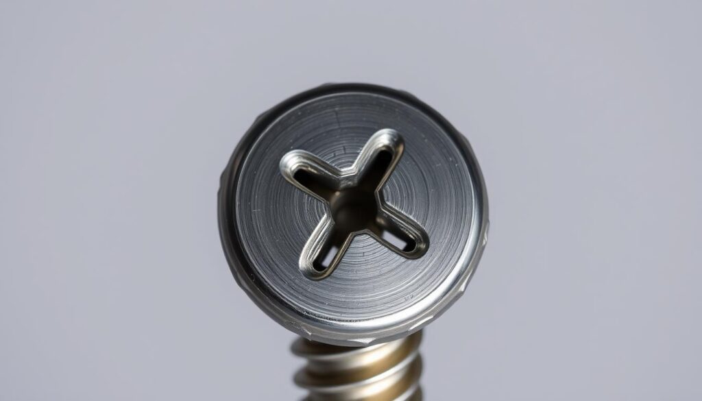 A close-up, photorealistic image of a screw head, featuring a polished metal surface with a distinctive cross-shaped slot. The screw head is positioned in the center of the frame, with a clean, neutral background that allows the intricate details to stand out. The lighting is soft and directional, casting subtle shadows that accentuate the screw's contours and textures. The angle is slightly tilted, creating a sense of depth and dimensionality. The overall composition is balanced and visually appealing, showcasing the screw's functional design and engineering.