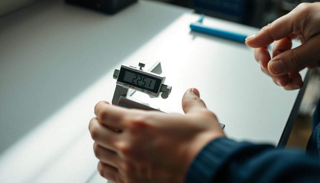 A close-up shot of a person's hands precisely measuring a metal workpiece using a digital caliper. The workpiece is positioned on a clean, well-lit workbench. The lighting creates a soft, directional glow, highlighting the intricate details of the caliper and the smooth, reflective surface of the metal. The composition draws the viewer's attention to the careful, deliberate act of measurement, conveying a sense of focus and attention to detail. The background is subtly blurred, keeping the main subject in sharp focus and emphasizing the importance of the measuring process.