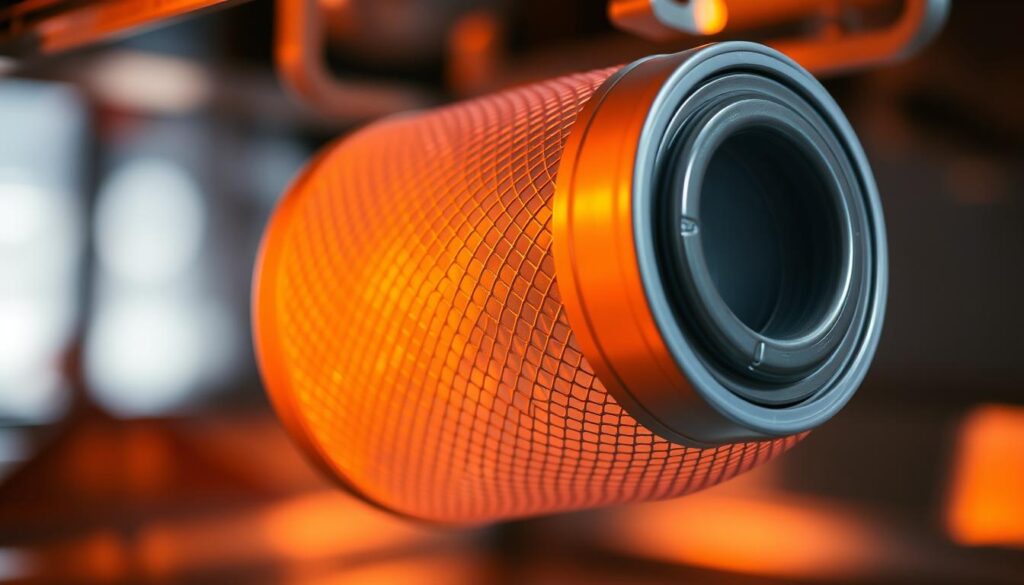 A close-up view of a dishwasher filter, showcasing its intricate mesh design and removable components. The filter is illuminated by warm, directional lighting, casting subtle shadows that accentuate its textural details. The background is subtly blurred, keeping the focus solely on the filter's functional elements. The image captures the filter's essential role in maintaining a properly draining dishwasher, providing a visually informative reference for the step-by-step guide.