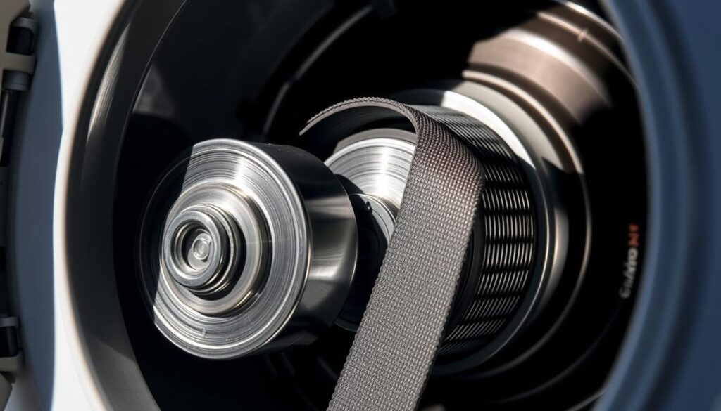 A close-up view of a dryer's inner mechanism, featuring a detailed drive belt and pulley system. The belt runs smoothly over the grooved pulley, transmitting power from the motor to the drum. The pulleys are made of sturdy metal, with a shiny, well-maintained appearance. Bright, directional lighting illuminates the components, casting shadows that accentuate the intricate textures and contours. The background is a muted, neutral tone, allowing the focus to remain on the mechanical assembly. The overall composition conveys a sense of precision engineering and functional elegance, suitable for illustrating the "Addressing Drive Belt and Pulley Issues" section of the article.