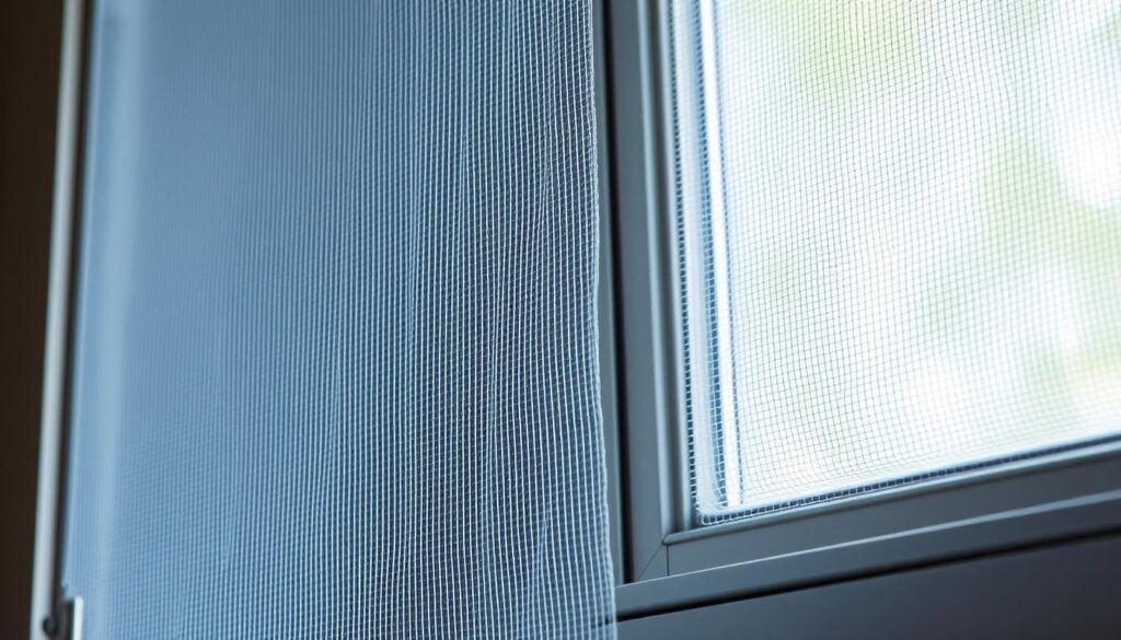 A close-up view of a fresh window screen mesh being carefully installed, showing the intricate process of stretching and securing the delicate material onto the frame. The mesh appears fine and evenly-tensioned, with a clean, pristine appearance. Soft, diffused natural lighting illuminates the scene, creating a calm, focused atmosphere. The frame is made of durable, metallic materials, perfectly aligned and ready to be reinstalled into the window opening. The overall composition highlights the precise, detailed nature of this essential home maintenance task.