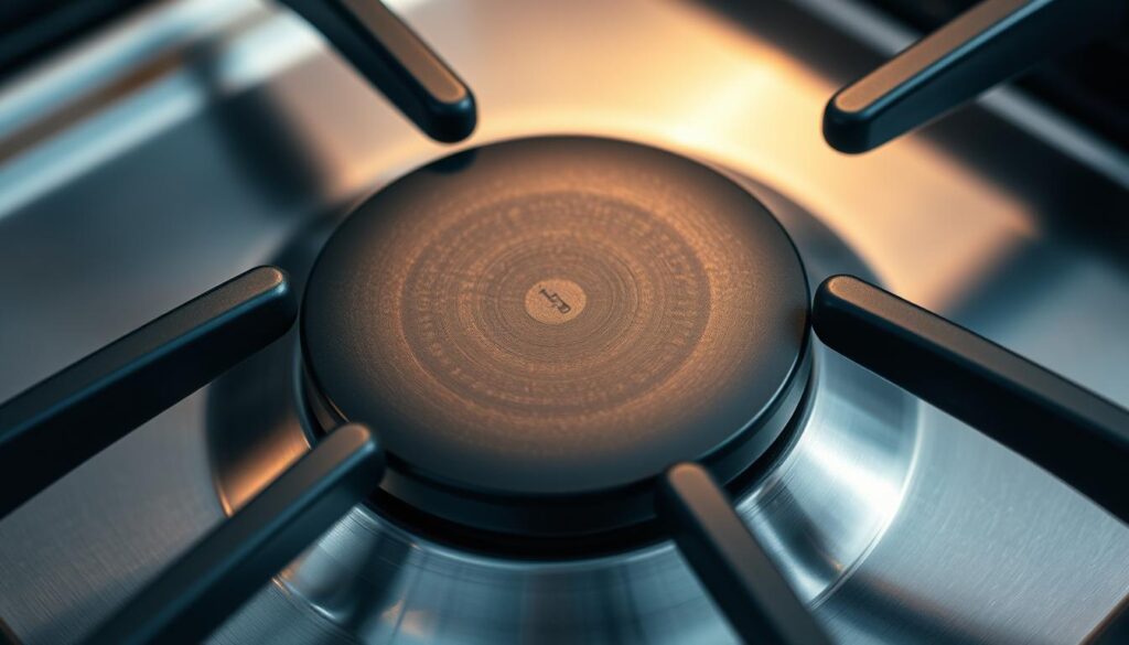 A close-up view of a gas stove burner cap, showcasing its alignment with the underlying burner base. The burner cap is positioned precisely, with its circular perimeter snugly fitting into the corresponding recess on the burner base. The matte black finish of the cap contrasts with the gleaming stainless steel of the surrounding stove top, creating a visually striking and detailed composition. Soft, directional lighting illuminates the scene, casting subtle shadows and highlights that accentuate the intricate geometry and mechanics of the burner assembly. The image conveys a sense of order and precision, highlighting the importance of proper burner cap alignment for efficient and safe gas stove operation.