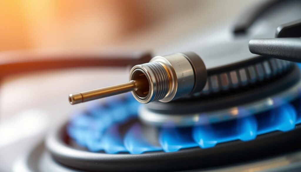 A close-up view of a gas stove burner with a thermocouple, captured in natural lighting with a macro lens. The thermocouple is prominently featured, showcasing its cylindrical shape, metallic finish, and delicate sensor tip. The background is blurred, emphasizing the technical detail of the component. The image conveys a sense of precision and focus, highlighting the importance of the thermocouple in the proper functioning of the gas stove. The lighting is soft and even, creating a clean, informative presentation of the subject matter.