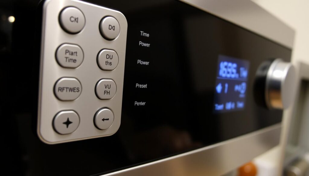A close-up view of a microwave oven's control panel, showcasing its various buttons, dials, and digital display. The panel is well-lit, with a clean and modern design, allowing for easy navigation and operation. The buttons are clearly labeled with common cooking functions, such as time, power, and preset settings. The digital display is crisp and bright, providing real-time feedback on the microwave's status. The overall mood is one of practicality and efficiency, reflecting the appliance's purpose in a typical UK household kitchen.