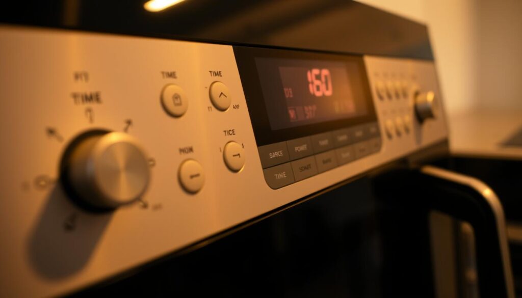 A close-up view of a modern microwave oven control panel, showcasing an array of buttons, dials, and digital displays. The panel is illuminated by warm, soft lighting, casting a subtle glow on the various settings and options. The foreground features the central control knob and a series of clearly labeled buttons for time, power, and cooking presets. The middle ground highlights the digital display, indicating the current time and temperature. The background subtly blurs, drawing the eye to the intricate details of the control interface. The overall mood is one of precision and functionality, conveying the essential role of the control panel in the microwave's operation.