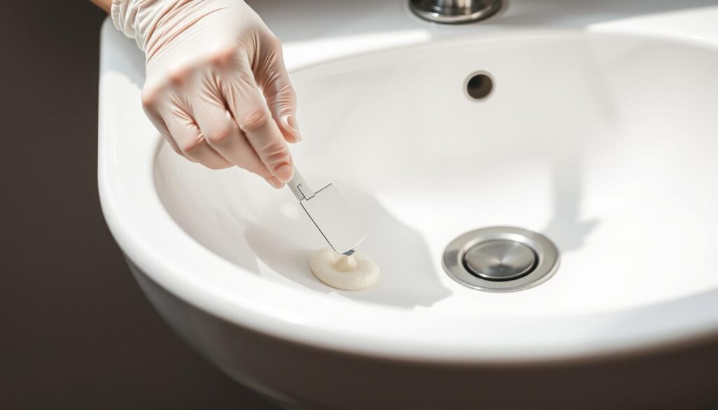 A close-up view of a person's hands gently applying epoxy resin to repair fine cracks in a white porcelain sink. The sink's surface is clean and well-lit, with a soft, natural lighting that highlights the delicate repair process. The hands are wearing thin latex gloves, carefully smoothing the resin into the hairline cracks using a small spatula. The background is blurred, keeping the focus on the detailed, intricate work being done to restore the sink to its pristine condition. The overall mood is one of patience, care, and a sense of accomplishment in tackling a common household repair task.