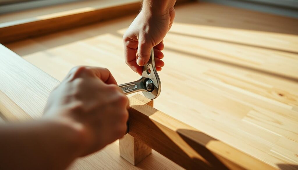 A close-up view of a person's hands tightening the joints of a wooden bed frame using a wrench. The frame is positioned on a clean, well-lit wooden surface, casting soft shadows. The wrench is held firmly, with the fingers gripping the handle, applying torque to the bolt. The lighting is warm and diffused, highlighting the texture of the wood and the metal of the wrench. The composition focuses on the hands and the joint, conveying the step-by-step process of tightening the loose bed frame connections.