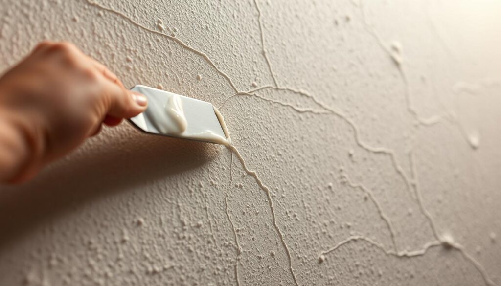 A close-up view of a plaster wall surface, showcasing the delicate process of sealing hairline cracks. The foreground depicts a hand gently applying a smooth, white sealant compound into the thin, sinuous fissures using a putty knife. The middle ground highlights the textured plaster wall, with the hairline cracks clearly visible and ready to be sealed. The lighting is soft and diffused, creating a sense of calm and precision. The background is out of focus, allowing the viewer to focus on the intricate details of the repair work. The overall scene conveys a sense of care and attention to detail, reflecting the importance of properly sealing these delicate cracks to maintain the integrity of the plaster wall.
