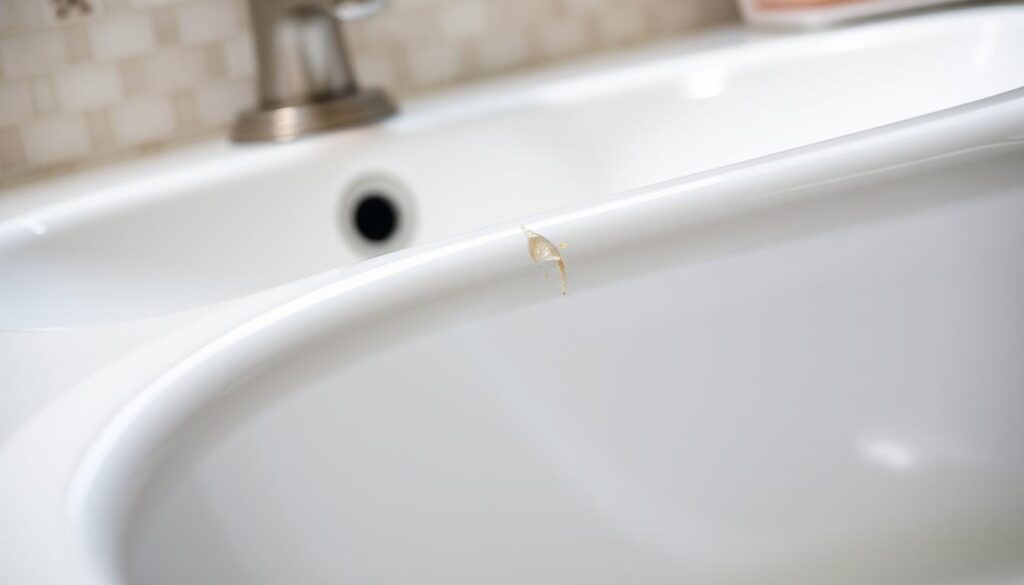 A close-up view of a repaired ceramic sink, showcasing the smooth, seamless finish. The sink is well-lit, with soft, directional lighting accentuating the texture and color of the repaired area. The image is shot from a slightly elevated angle, providing a clear, detailed perspective of the repair work. The background is out of focus, creating a sense of depth and drawing the viewer's attention to the sink itself. The overall atmosphere is one of quality craftsmanship and attention to detail, capturing the essence of a successfully completed ceramic sink repair.
