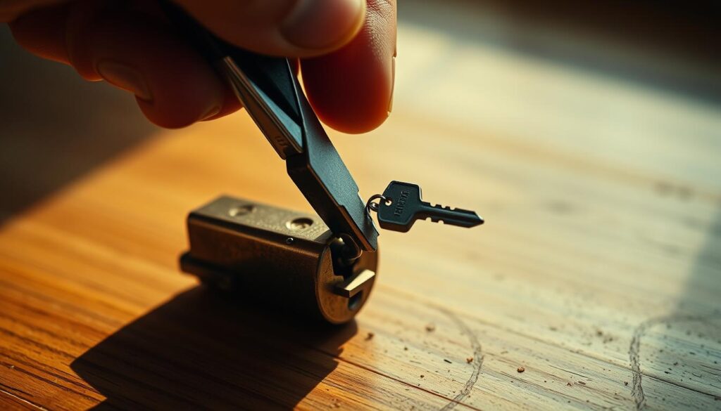 A close-up view of a skilled hand delicately gripping a pair of pliers, meticulously working to extract a broken key from a lock mechanism. The lock is placed on a wooden surface, illuminated by warm, directional lighting that casts subtle shadows, emphasizing the intricate details of the intricate task. The focus is crisp, capturing the intense concentration of the procedure, while the background is softly blurred, directing the viewer's attention to the critical action at hand. The mood is one of careful precision, as the operator navigates the challenge of safely removing the compromised key without further damaging the lock.