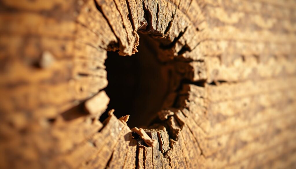 A close-up view of a stripped screw hole in weathered, grainy wood grain. The hole is oblong and slightly damaged, with frayed edges and splinters around the rim. Warm, natural lighting illuminates the textured wood surface, casting soft shadows that accentuate the imperfections. The image has a rustic, vintage aesthetic, conveying the sense of an old, well-used piece of furniture or architectural element in need of repair. The depth of field is shallow, keeping the screw hole in sharp focus while the background fades into a blurred, out-of-focus backdrop.