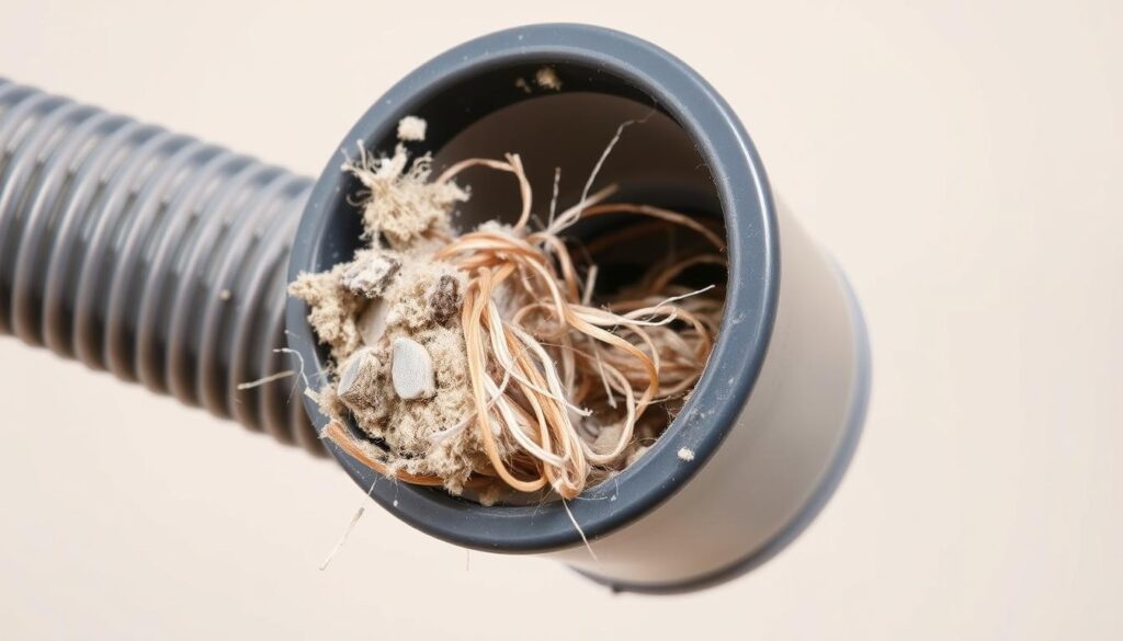 A close-up view of a vacuum cleaner hose, partially blocked with dust, debris, and tangled fibers. The hose is highlighted against a neutral background, with crisp, directional lighting emphasizing the texture and obstructions within. The image conveys a sense of problem-solving, guiding the viewer to identify and address the blockage issue affecting the vacuum's suction performance.