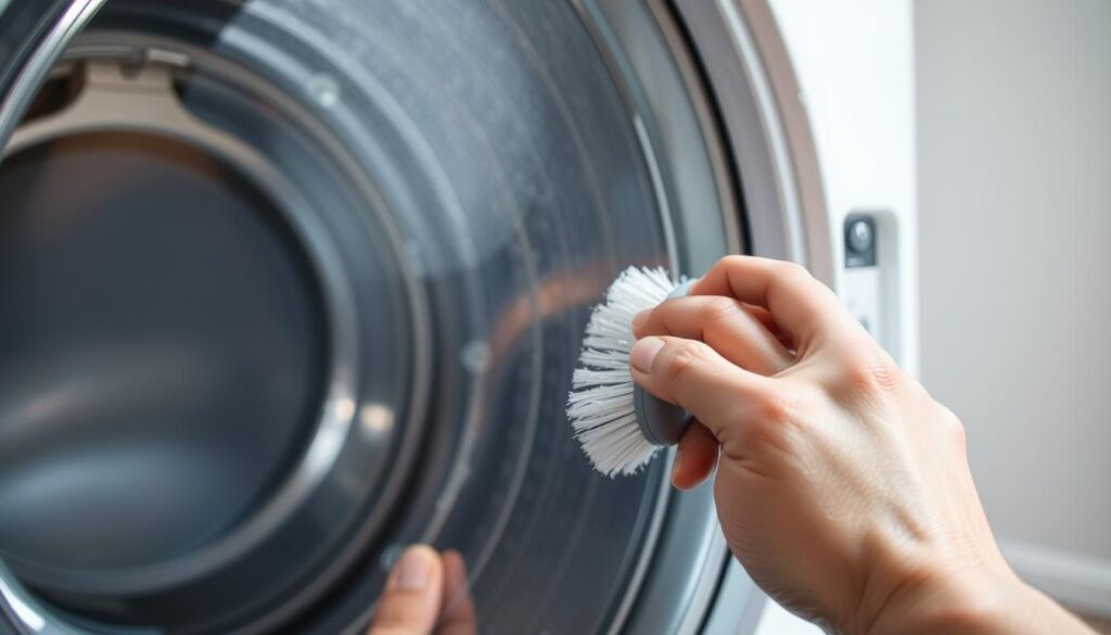A close-up view of a washing machine rubber seal, illuminated by soft, even lighting. The seal is glistening with water, revealing intricate textures and a supple, pliable surface. In the foreground, a hand gently scrubs the seal with a soft-bristled brush, meticulously removing any built-up mold or mildew. The middle ground showcases the inner workings of the washing machine door, with its hinges and locking mechanism visible. The background fades into a clean, minimalist environment, emphasizing the focus on the seal and the cleaning process.