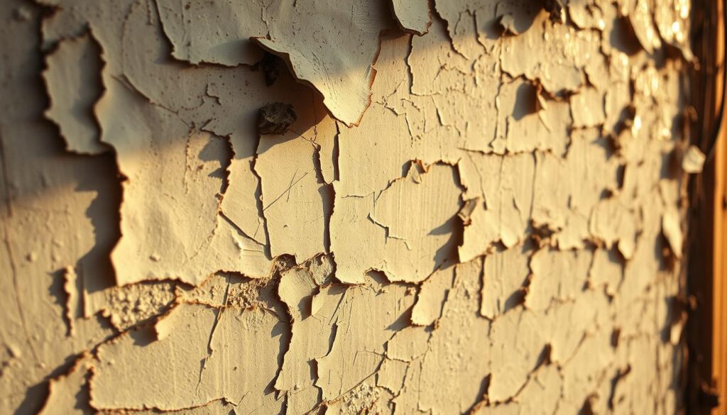 A close-up view of an aged, weathered wall surface with layers of peeling paint. The foreground showcases the intricate textures and patterns created by the flaking paint, revealing the underlying materials. The middle ground highlights the irregular edges and curled corners of the peeling paint, capturing the sense of deterioration. The background subtly hints at the surrounding environment, providing a sense of context without distracting from the main subject. Warm, directional lighting casts dramatic shadows, emphasizing the depth and dimension of the peeling paint. The overall atmosphere conveys a sense of decay and the passage of time, reflecting the theme of "Identifying Different Types of Paint Peeling Problems".