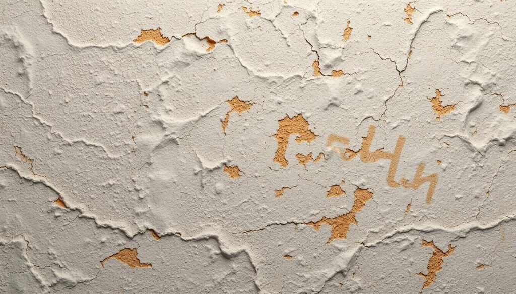 A close-up view of an ornate, weathered plaster wall texture. The surface is slightly uneven, with subtle ridges, cracks, and crevices that create a sense of depth and character. The lighting is soft and diffused, casting gentle shadows that accentuate the textural details. The color palette is a muted, earthy blend of beige, gray, and subtle ochre tones, giving the image a timeless, vintage aesthetic. The overall impression is one of a well-worn, yet visually interesting surface, perfectly suited to illustrate the "Understanding Different Wall Textures" section of the article.