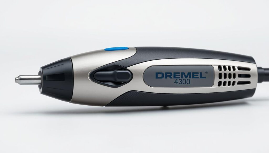 A close-up view of the Dremel 4300 rotary tool, showcasing its ergonomic design. The tool is placed on a clean, neutral background, illuminated by soft, even lighting that highlights its smooth contours and sleek, modern aesthetics. The brushed metal finish and textured grip surfaces are rendered in fine detail, conveying a sense of high-quality craftsmanship. The tool is positioned at a slight angle, allowing the viewer to appreciate the thoughtful ergonomic shape that fits comfortably in the hand. The composition emphasizes the tool's ergonomic features, such as the curved handle and the strategically placed controls, demonstrating how the design prioritizes user comfort and control during extended use.