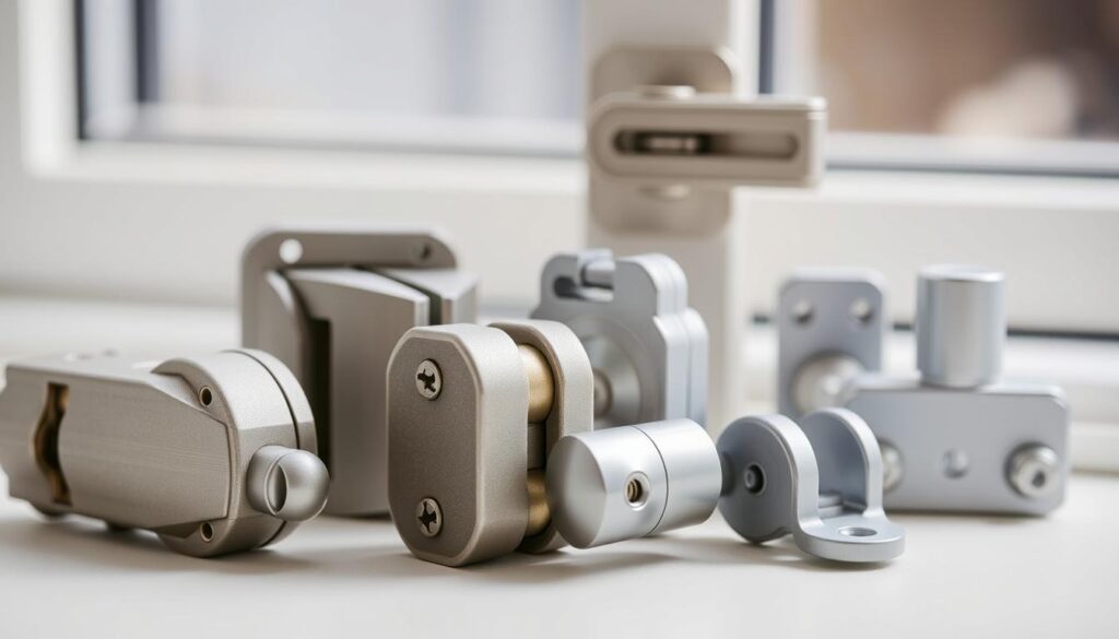 A close-up view of various window security locks, showcasing their intricate mechanisms and tamper-resistant designs. The foreground features a set of sturdy deadbolts, latches, and reinforced casings in a muted metallic finish, highlighting their durability and protective qualities. In the middle ground, a sliding sash lock and a window limiter are visible, demonstrating the range of security options available for different window types. The background provides a softly blurred, minimalist setting, allowing the locks to take center stage and convey a sense of thoughtful, functional design that balances security with convenience and accessibility.