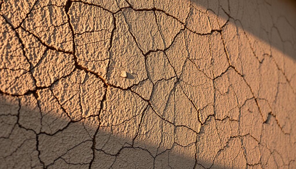 A close-up view of weathered stucco wall, showcasing intricate patterns of hairline cracks and fissures. The surface appears textured, with a gritty, worn-down aesthetic, bathed in warm, directional lighting that casts subtle shadows, emphasizing the depth and complexity of the cracked surface. The image is captured at a medium to close range, filling the frame with the detailed stucco texture, allowing the viewer to examine the unique, organic nature of the damage. The overall mood is one of age, imperfection, and the natural deterioration of a building's exterior over time.