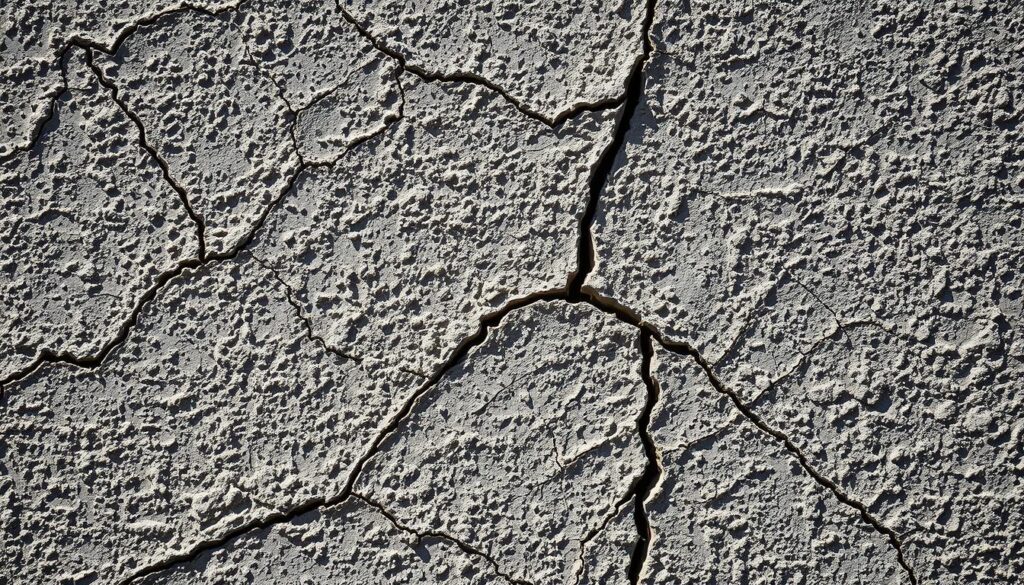A close-up view of weathered, textured stucco surface with intricate patterns of fine hairline cracks and fractures. The cracks sprawl across the facade, casting delicate shadows and revealing the underlying material beneath. The lighting is soft and natural, gently highlighting the nuanced textures and hues of the crumbling stucco. The composition emphasizes the detailed, abstract nature of the deterioration, inviting the viewer to study the complex interplay of light, shadow, and damaged surfaces. An atmospheric, moody tone captures the gradual decay and aging process of the stucco material.