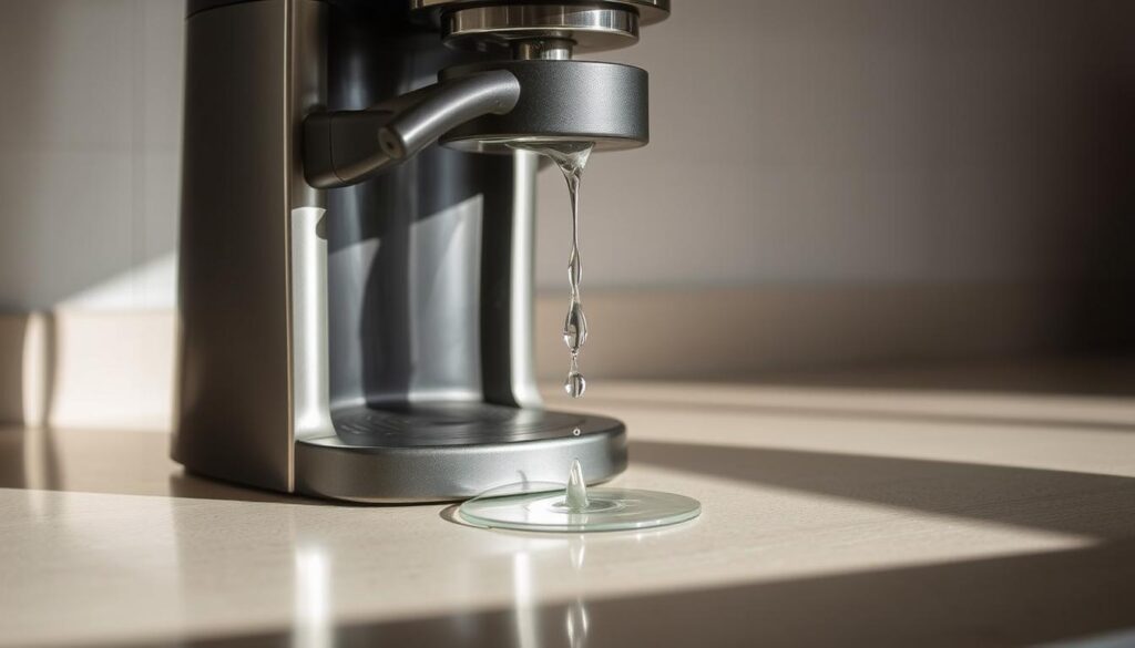 A coffee maker stands on a kitchen counter, its water reservoir dripping onto the surface below. The machine is captured in a side view, with a focus on the leaking water. The lighting is natural, creating soft shadows that accentuate the movement of the droplets. The background is slightly blurred, allowing the viewer to concentrate on the central issue. The overall atmosphere conveys a sense of concern and the need to address the problem, setting the stage for the "Understanding Why Coffee Makers Leak" section of the article.