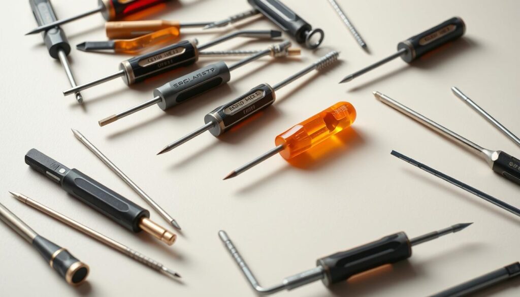 A collection of various screwdrivers in different sizes, shapes, and head types, neatly arranged on a clean, neutral-colored surface. The screwdrivers are well-lit, casting subtle shadows, showcasing their intricate designs and textures. The scene has a professional, informative tone, suitable for illustrating a comprehensive guide on the types of screwdrivers every UK homeowner should have in their toolkit. The image captures the diversity and functionality of these essential tools, inviting the viewer to explore and understand their practical applications.