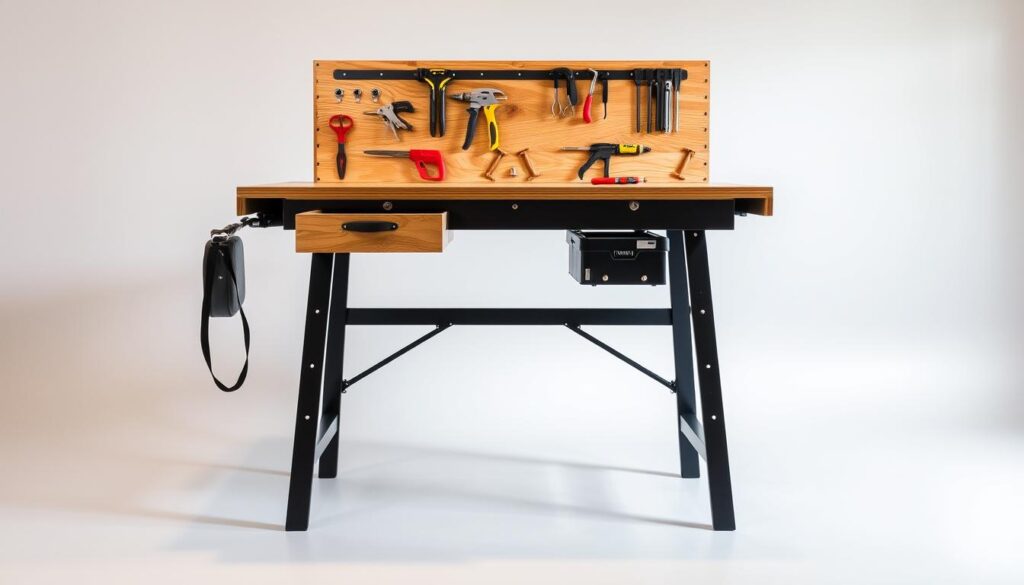 A compact, multifunctional workbench against a minimalist backdrop. In the foreground, a sturdy wooden surface with integrated storage compartments, hooks, and clamps for organizing tools. The middle ground features a foldable steel frame with adjustable legs, allowing the workbench to be easily transported and set up in small workshops or garages. The background depicts a clean, well-lit studio setting with soft, indirect lighting, highlighting the workbench's sleek, space-saving design. The overall atmosphere conveys efficiency, organization, and a practical solution for maximizing limited workspace.