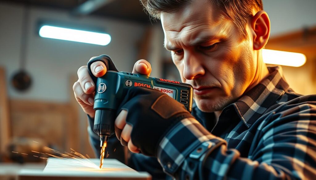 A cordless Bosch 18V power drill, gripped firmly in a skilled operator's hand, drilling decisively into a piece of softwood. Bright LED work lights illuminate the scene, casting warm shadows that highlight the drill's sleek, modern design. The operator's face is focused, brow furrowed in concentration as the drill's high-torque motor powers through the material with ease. The surrounding area is a clean, well-lit workshop, hinting at the user's professional expertise. The overall scene conveys the drill's impressive drilling power and the user's mastery of their craft.