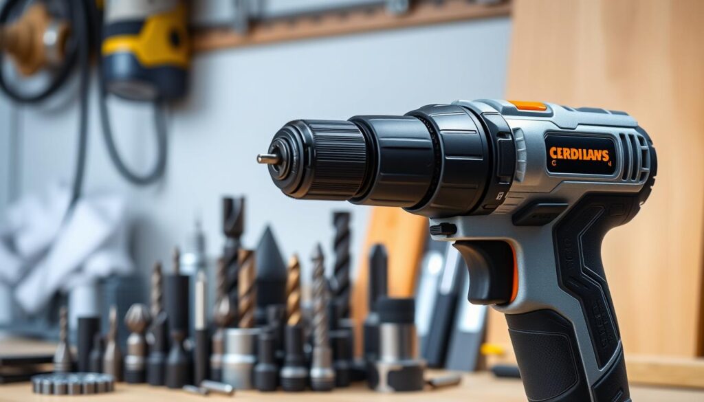 A cordless drill set against a clean, well-lit workshop backdrop. The drill in the foreground is prominently featured, showcasing its key features such as the brushless motor, adjustable speed settings, and LED work light. The chuck and trigger mechanism are visible, demonstrating the drill's ergonomic design and ease of use. In the middle ground, various drill bits, countersinks, and other accessories are neatly arranged, highlighting the versatility of the tool. The background blurs softly, emphasizing the attention on the cordless drill itself. The overall scene conveys a sense of professionalism, functionality, and the essential qualities one would seek in a high-quality cordless drill for home projects.
